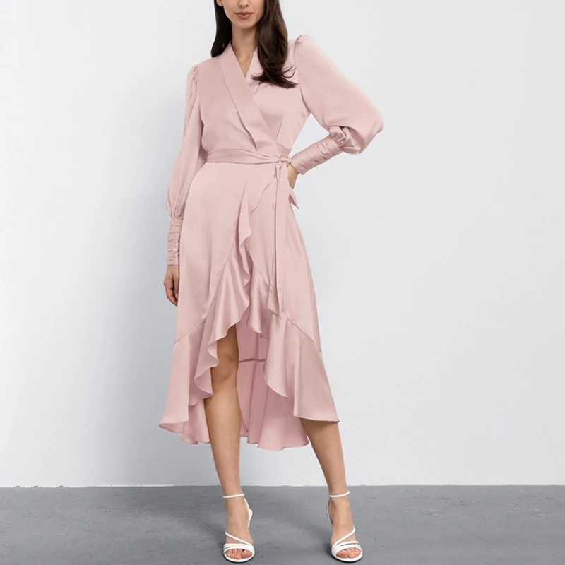 

Irregular Ruffled Temperament V-neck Long Dresses High Waist Casual Commuting Women's Dress Solid Color Long Sleeves Dresses