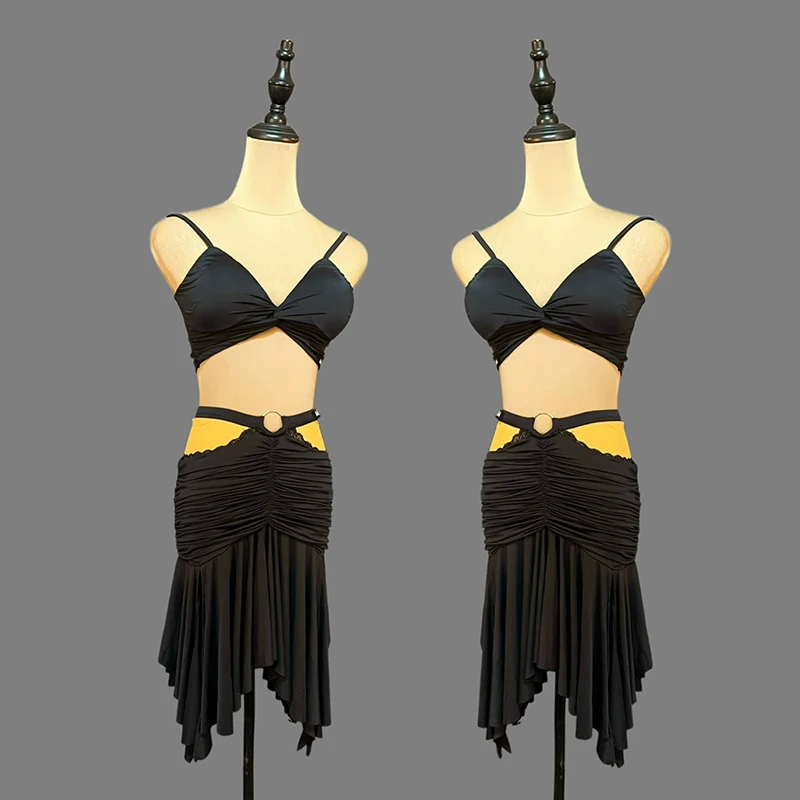 Latin Dance Costume Black 2‑Piece Set Strap Twist Crop Top Ruched Irregular Hem Skirt Women Salsa ChaCha Practice Dancewear 3042