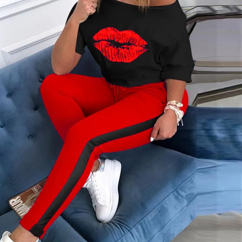 Spor Lip Print 2-delige T-shirtset voor dames Zomer AL0 Big Size Dames Dr Ciwalk Countryside Andere materiaal Long Sve