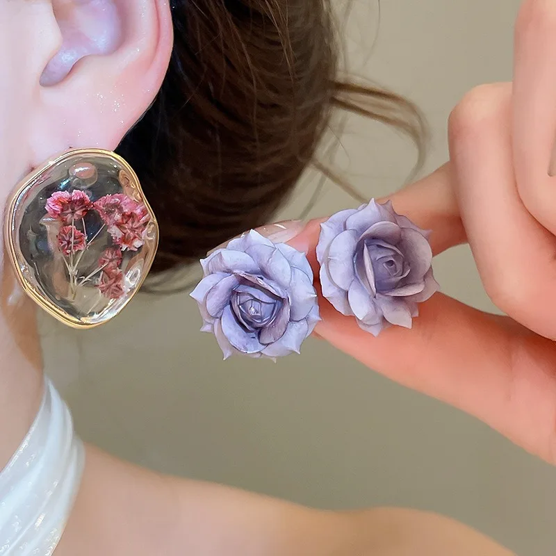 Minar Stylish 2 Designs Transparent Irregular Resin Real Dye Flower Drop Earring for Women Gold Plated Copper Wedding Jewelry