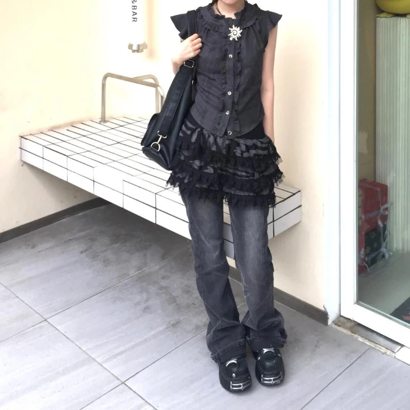 Deeptown Blus Ruffle Jepang 2000S Kemeja Tanpa Lengan Y2k Gotik Hitam Wanita Harajuku Gyaru Lengan Terbang Musim Panas