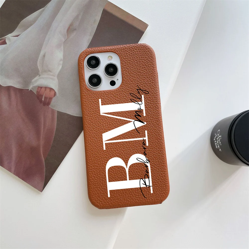 Personalise Initial Name Letter Leather Hard Phone Case For iPhone 17 16 15 14 13 12 11 Pro Max XR Plus Luxury Custom Back Cover