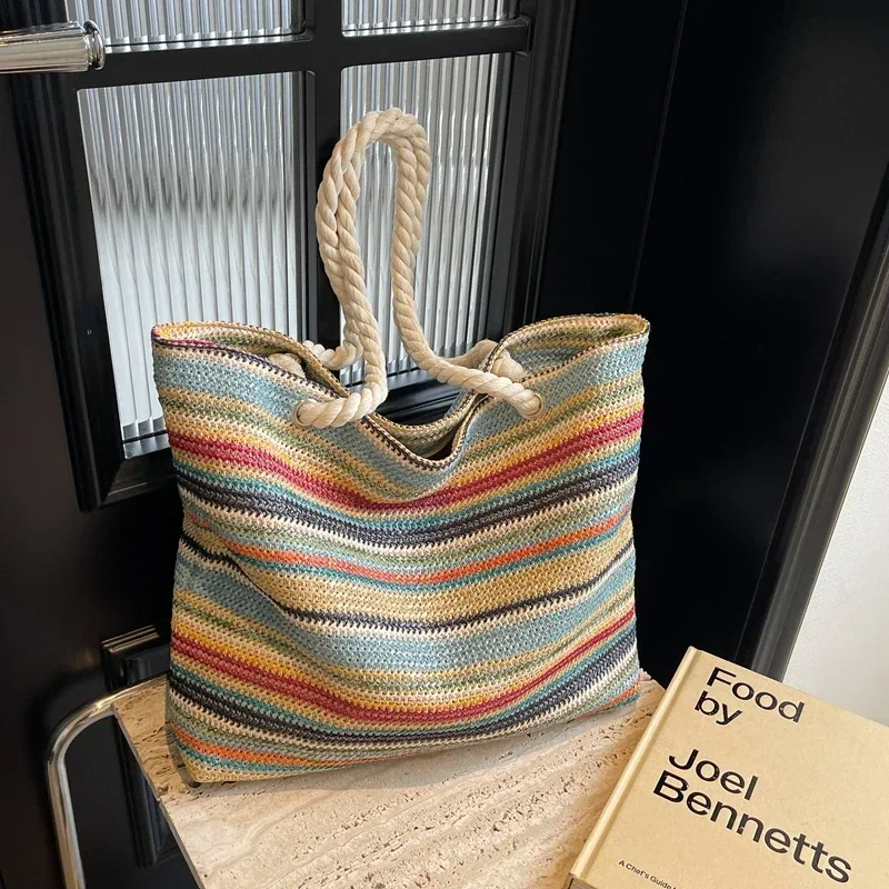 Rainbow Colors Individuality High Capacity Straw Shoulder Bags Fashion Casual Tote 2024 Hot Sale Bags for Women Bolsas Femininas