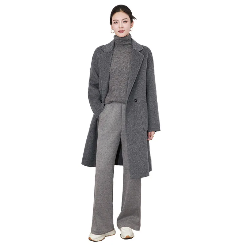 Right Angle Shoulder Double-Breasted Woolen Jackets Women's 2024 Autumn And Winter Office Lady Commuter Long 100% Wool Coats