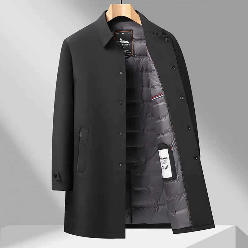 

Luxury High Long Down Jacket Men's Winter Casual Thick Flip Collar White Duck Down Warm Parka Business Lightweight Trench Coat