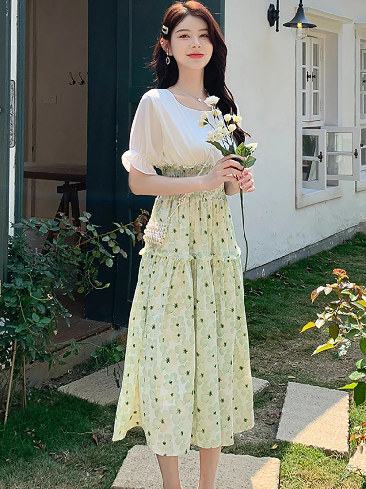 Vestido de dos piezas falso blanco de retazos de gasa Floral verde para mujer vestido elegante de verano con mangas abullonadas vestido de fiesta ajustado coreano 2025