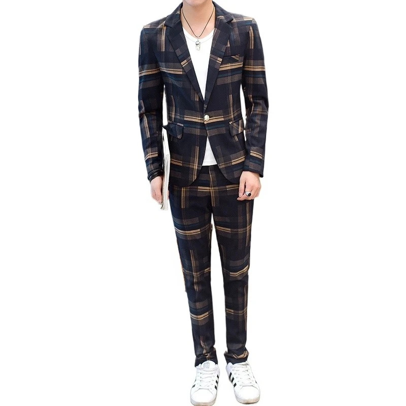 

Trendy Men's Two-Piece Suit Fashionable Color-matching Slim Fit Business Casual Suit One-Button Suit Set [Jacket + Trousers]