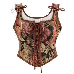 Renaissance Floral Zipper Corset Crop Top Lace-Up Boned For Women Overbust Bustier Bodice Vest Lingerie Vintage Gothic Camisole