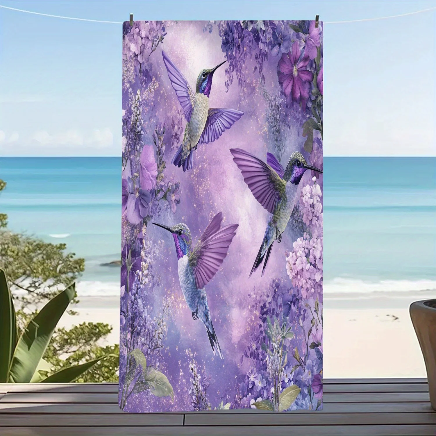 Beach Towel 70x140cm Microfiber: Purple Hummingbird  Floral Print – Sparkling Violet Garden with 3 Flying Birds, Quick Dry  Soft