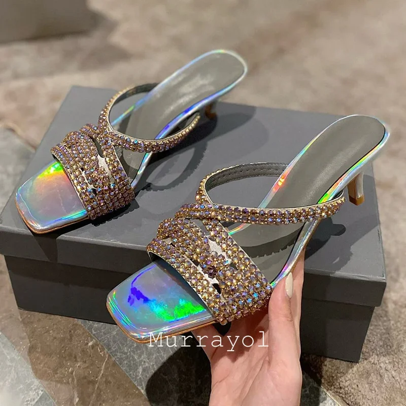 بريق حجر الراين ديكور رقيقة الكعوب النعال النساء ساحة تو المفتوحة تو صندل كعب عالٍ فستان صيفي أحذية أحذية الزفاف #4
