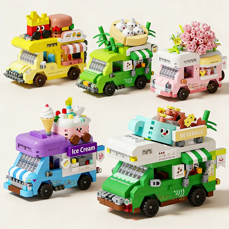 NEUER DIY Kaffee-Imbisswagen Food Truck Eisdieleneinrichtung Blumenstraßenansicht Baustein-Set Mädchen Bausteine Modell Kinderspielzeug