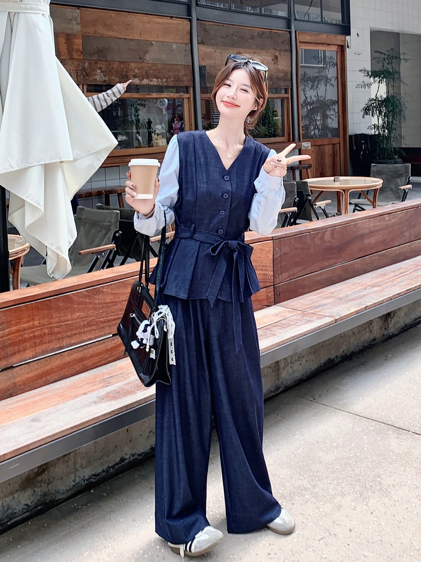 

Casual Slimming Women's irt Set Two-Piece Fake Two-Piece Design Autumn New Sle High Waist Pants V-Ne Long Sve Faio...