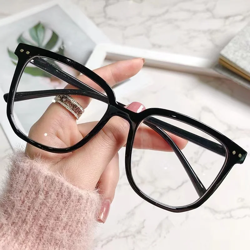 Glossy Black Oversized Square‑Shaped Eyeglass Frame Full‑Rim TR90 Glasses Frame with Small‑Dot Decoration Anti‑Blue‑Light Clear‑Lens Spectacle Frame for Prescription Lenses Women‑Favored