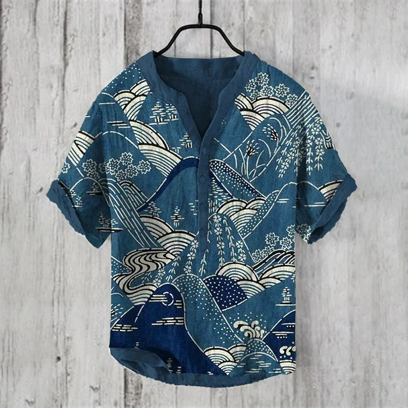 Camisa de lino con estampado 3D para hombre, camisa de manga corta con cuello en V, informal, elegante, primavera y verano, novedad