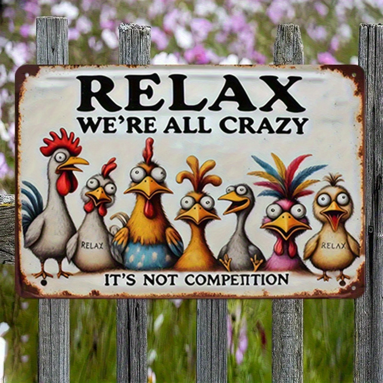 ,  Funny Chicken Coop Sign 'Relax, We're All Mad'-  Retro Iron Metal Wall Decoration with Cartoon Hen Pattern, Country Style Ind