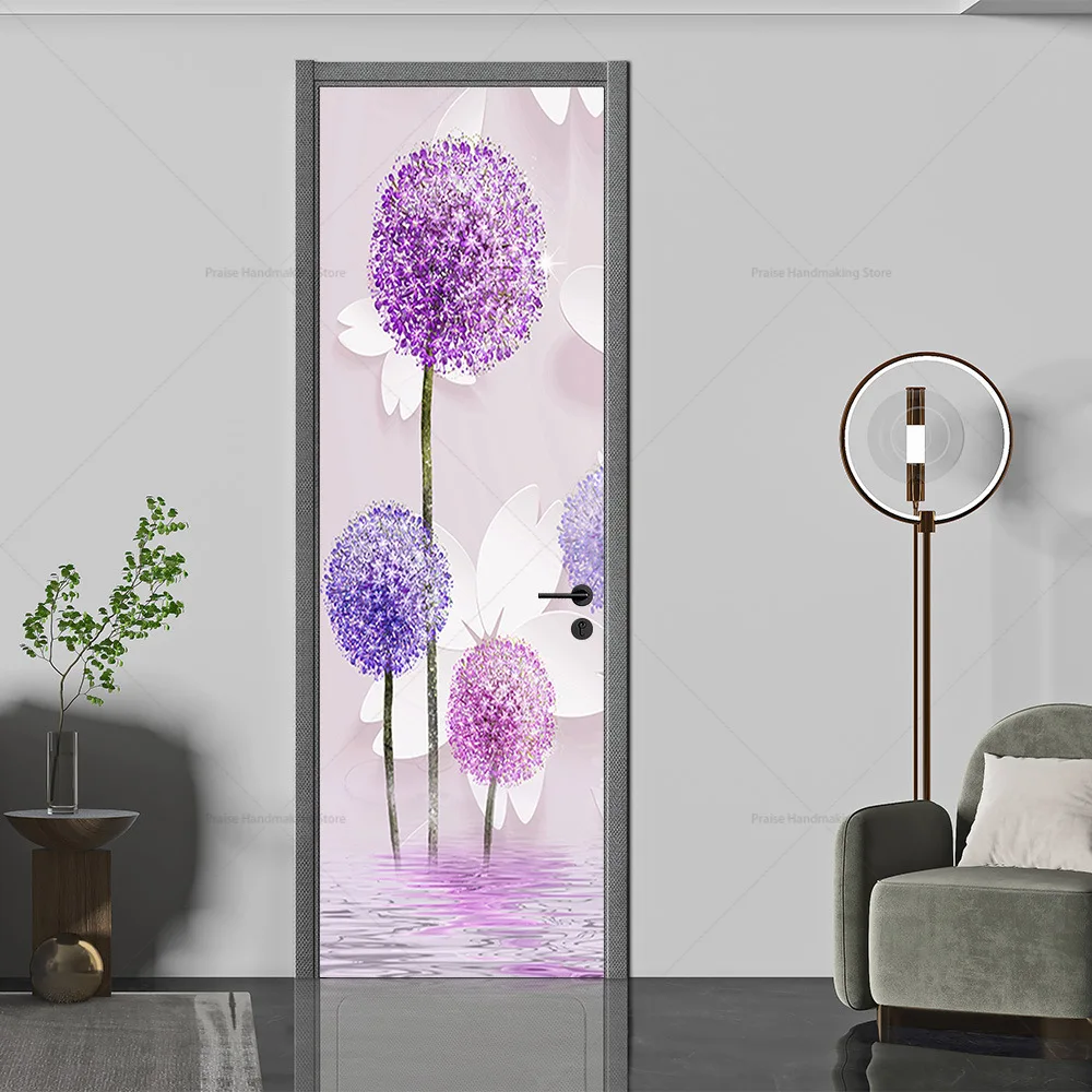 Pink Purple Hydrangea Art Mural Kitchen Refrigerator Door Sliding Door Cover Waterproof Self-adhesive Removable Decals