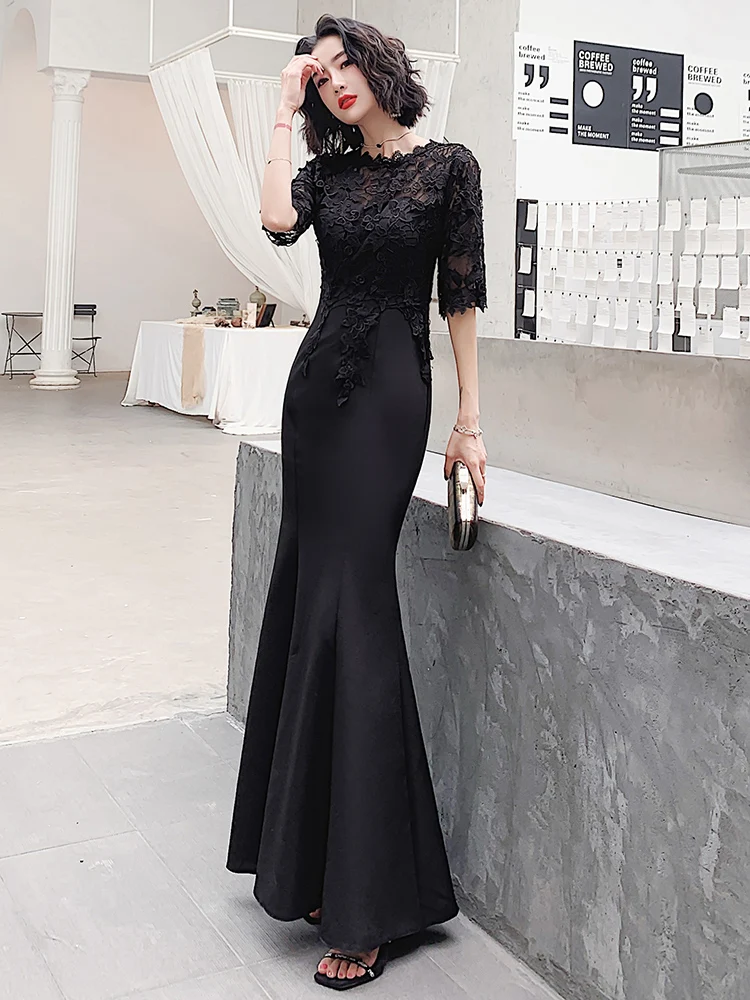 

Ele Bla Princ Sle Evening Gown Women's High-End Sensation Ball Lace Fi Tail Skirt Beautiful Host Par Dr