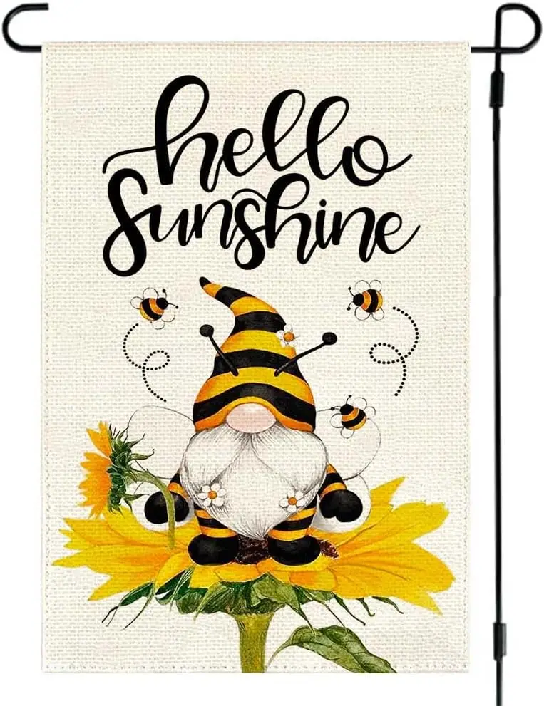 RABUSOFA Gnome Bee Summer Garden Flag 12x18 Inch Double Sided for Outside, Hello Sunshine Sunflower Seasonal Yard Flag Outdoor F