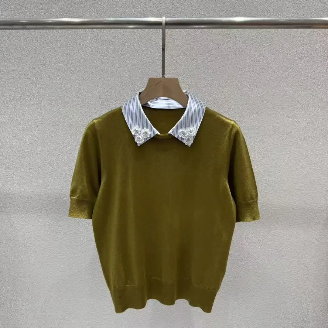

Spring/Summer Women POLO Collar College Striped Flower Contrast Colors Solid Knit Top Short Sleeve Elegant Casual Pullover ﻿