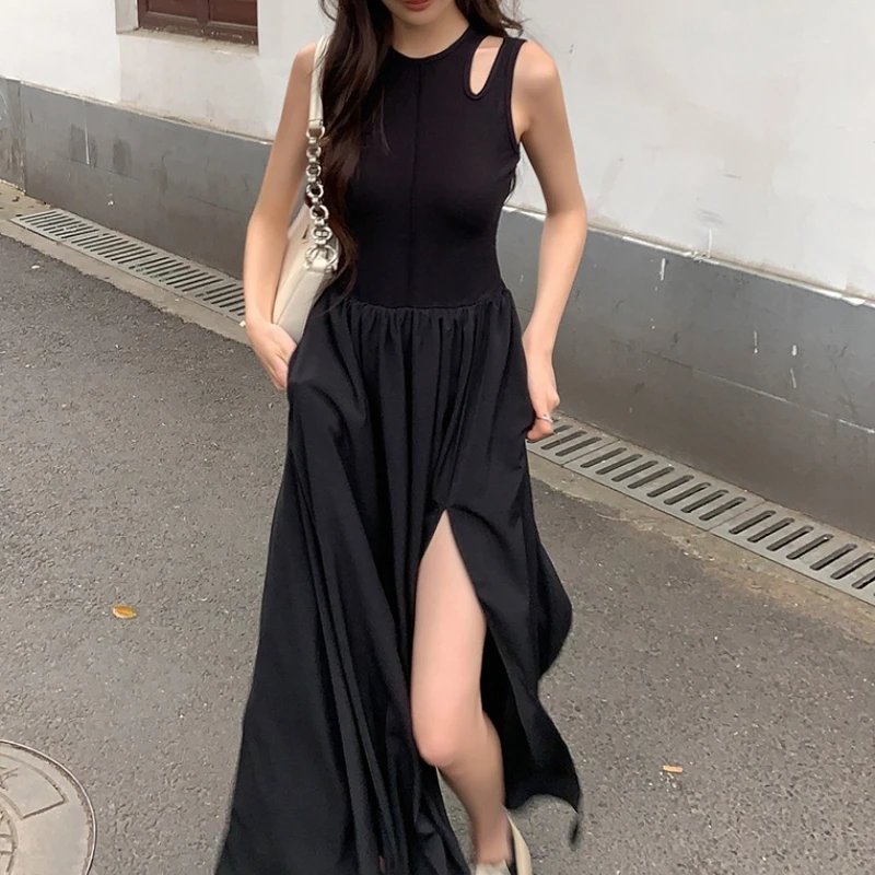 فساتين نسائية طويلة صيفية عتيقة بدون أكمام من سيوليش 2025 فستان جديد عالي الخصر أسود غير رسمي فضفاض مستقيم بدون أكمام للسيدات