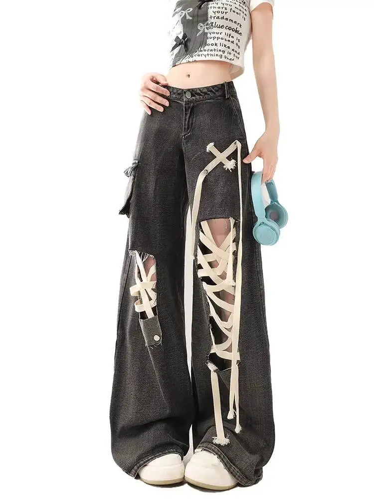 New Plus Size Black Strap Hole Jeans Woman Summer Fat Mm Design Sense High Waist Straight Cut Loose Wide-leg Trousers view 4