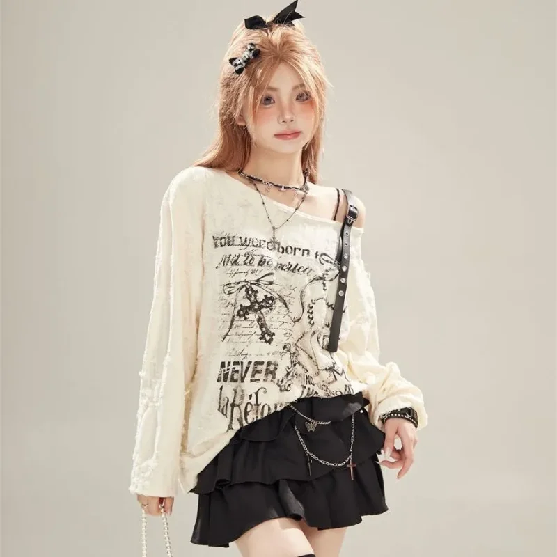 Dune Wasteland Wind Ripped Long-sleeved T-shirt for Women in Spring and Autumn Loose Slim Off-shoulder Design Tops