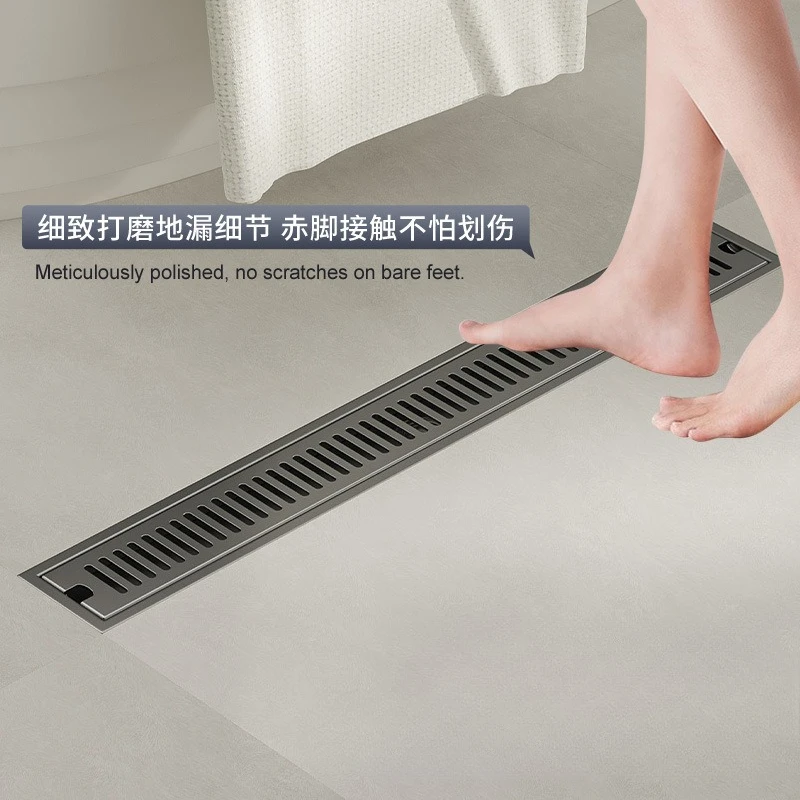 Grey High Flow Fast Draining 304 Stainless Steel Bathroom Shower Drain 10x50cm Odor Proof for Bathroom Wet Room Shower Enclosure