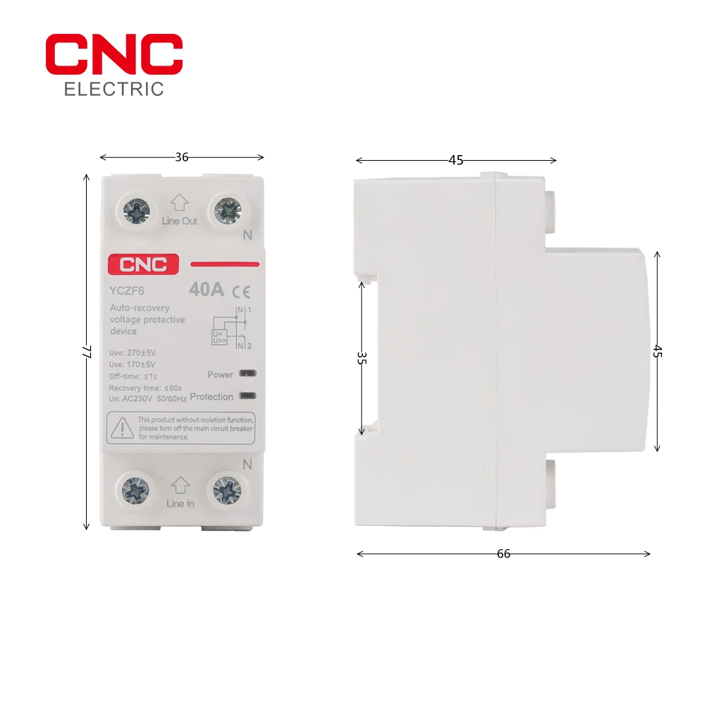 CNC YCZF6 1P+N AC 230V Din Rail Self-recovery Overvoltage and Undervoltage Protector Top out and Bottom in Protective Device