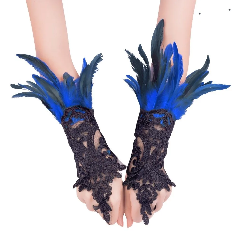 Wristband Halloween Feather Gloves Retro Gothic Feather Lace Glove Dark Embroidery Women Halloween Cuffs Cosplay Props