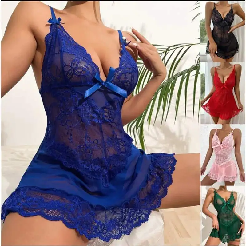 

2025 new European and American large-size women's erotic underwear perspective sexy lace temptation pajama set