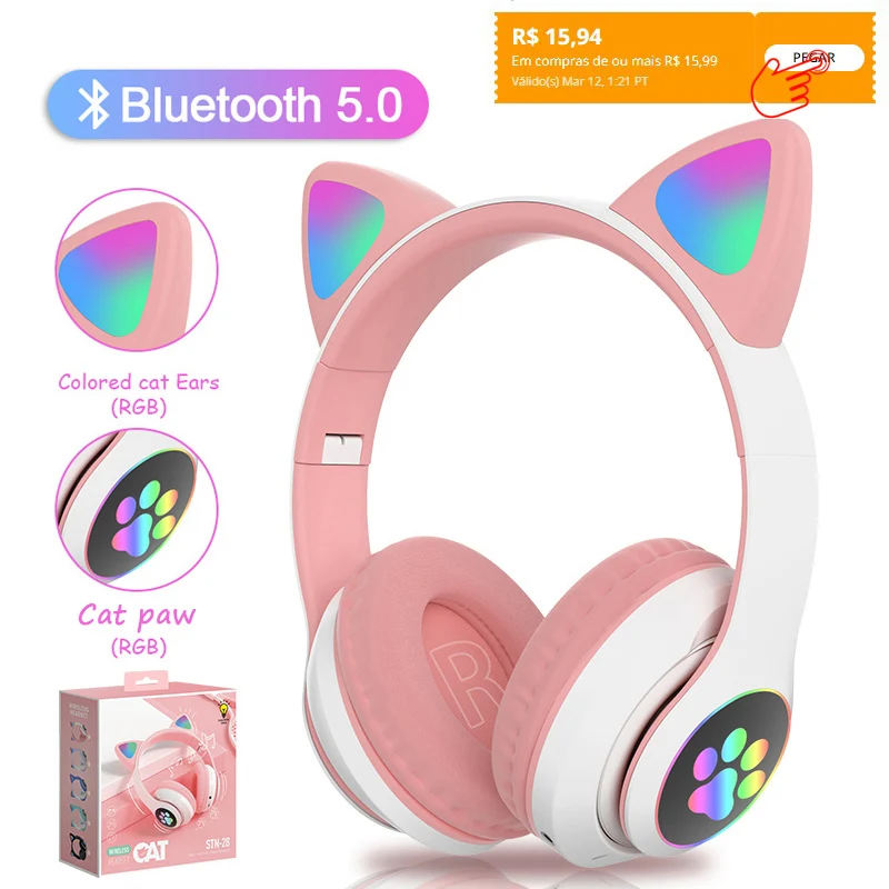 Wireless Headphones RGB light Cat Ear Cartoons Cat Paw Girls Gift Bluetooth Headset HIFI Stereo Bass Kids headset Christmas gift