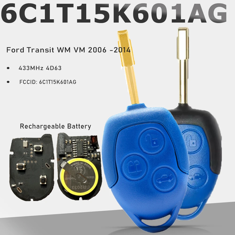 KEYECU (Rechargeable Battery) 6C1T15K601AG Remote Key FOB 3 Button ASK 433MHz 4D63 Chip for Ford Transit WM VM 2006-2014 FO21