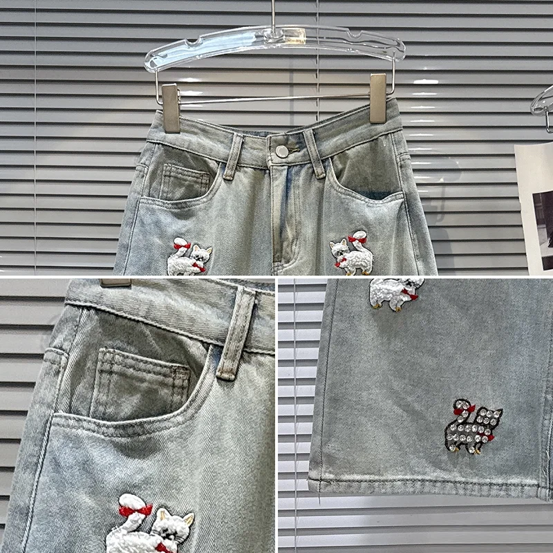 KBQ Solide Gespleißt Gestickte Kätzchen Lose Hosen für Frauen Hohe Taille Patchwork Dimonds Chic Casual Jean Weibliche Mode Stil