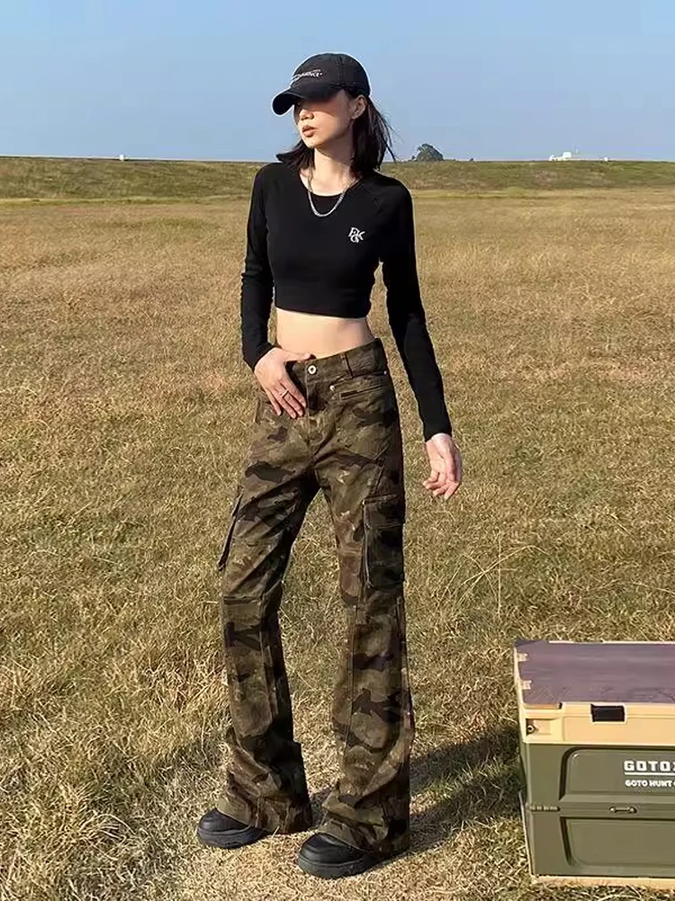 Retro American Camouflage Jeans Men's Women's Slim Fit Flared Pants High Street Sle Autumn Workwear Straight Leg Jeans