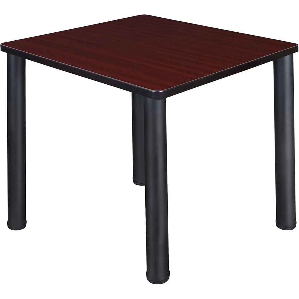 30 Inch Square Breakroom Table Black Legs Mahogany Top Durable Melamine Thermal Fused Tubular Metal Construction Transitional