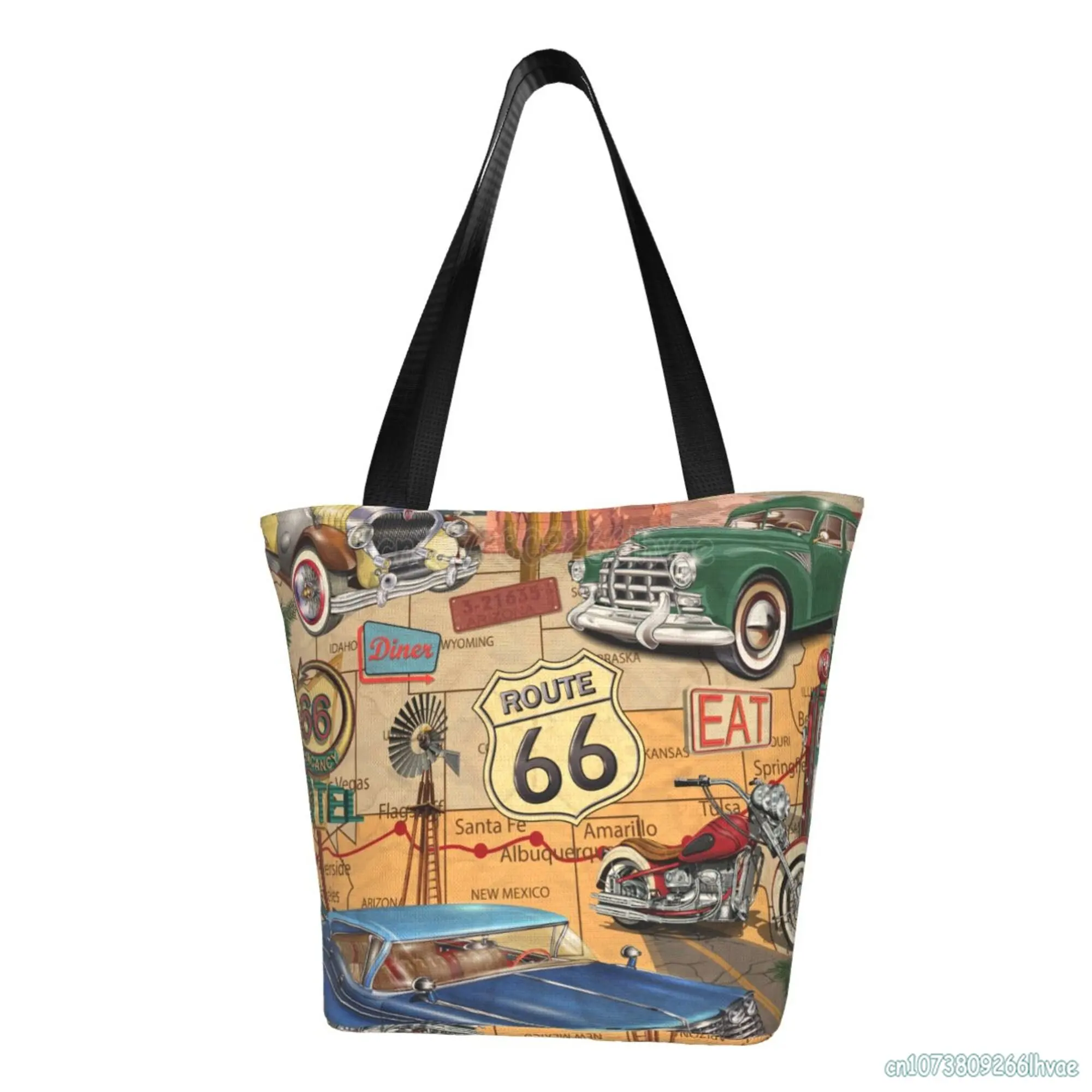 US Route 66 Sign Ladies Hand Bags Casual Shoulder Tote Bag for Women Girls Reusable Shopping Bags Beach Bags Grocery Bag