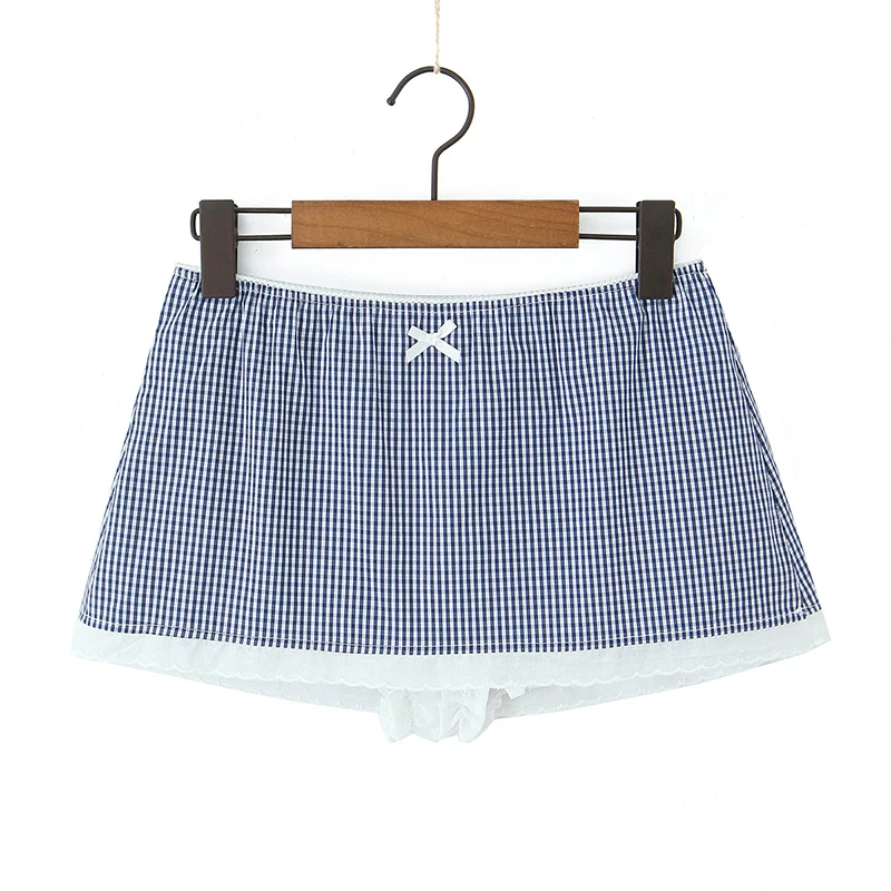 YENKYE Summer Women Sexy Low Waist A-line Plaid Mini Skirt White Blue Y2K Skirts
