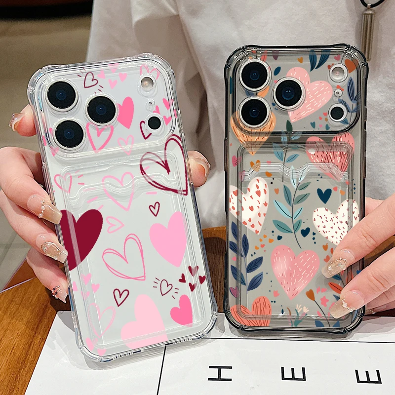 Herz-Muster Transparente Handyhülle für iPhone 17 16 Pro Max 15 14 13 Pro Max Stoßfeste Kartenfach-Hülle Weiche Silikon-Schutzhülle