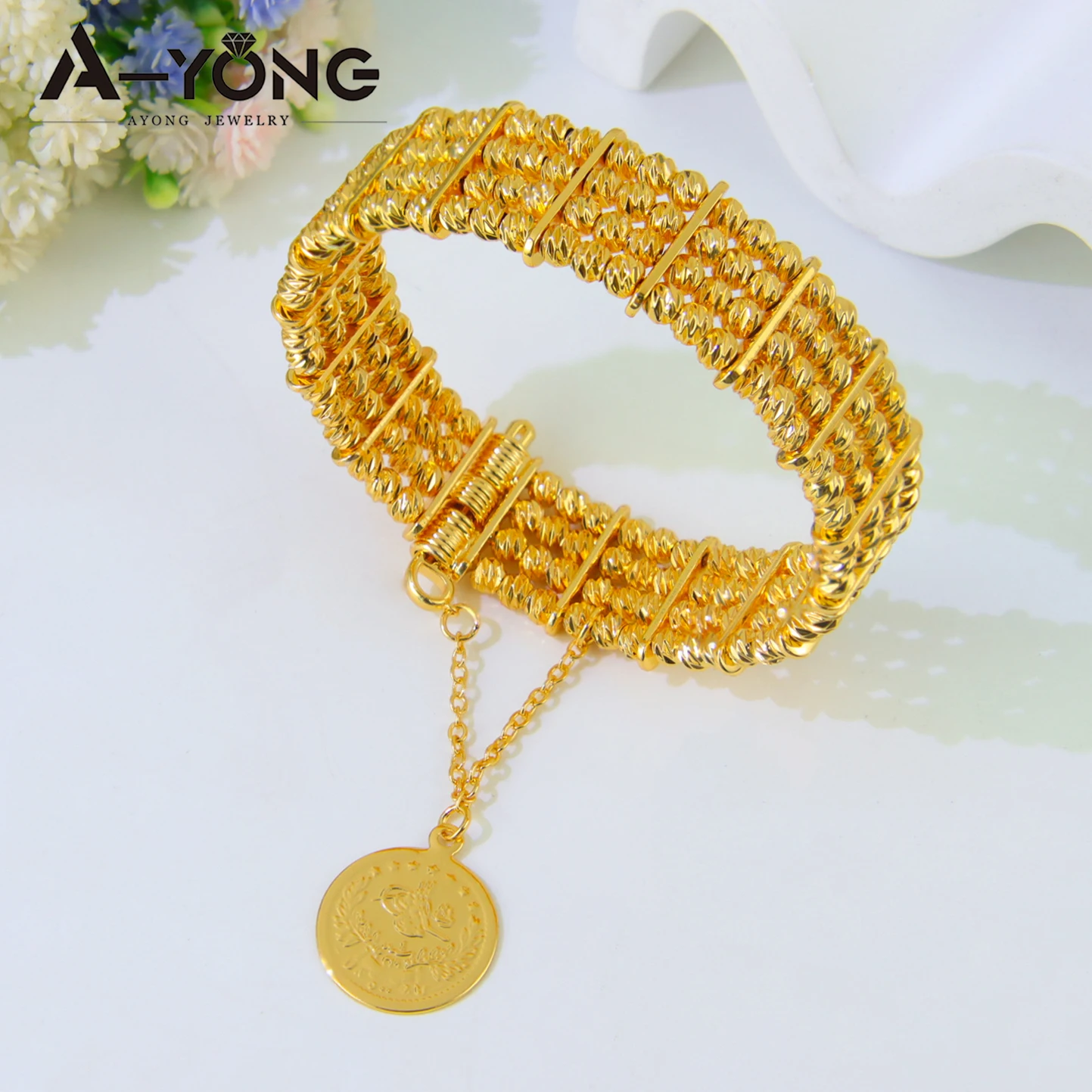 Algeria Bridal Wedding Cuff Bangles 24k Gold Plated Nigeria Luxury Multi Layer Bead Bracelet Women Gold Engagement Jewelry