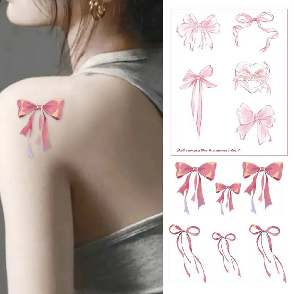 Bowknot Tattoos For Women Fake Tattoos Waterproof Lasting Sexy Pink Lace Heart Chains Art Temporary Tattoos Sticker V8z1