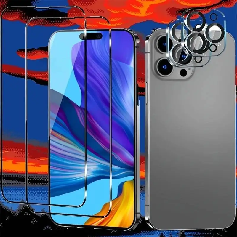 

4 IN 1 9D Screen Film For Iphone 16 15 14 13 12 11 Pro Max Tempered Glass Camera Lens Protective Scratch Resistant