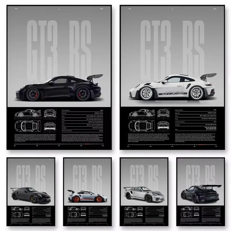 Affiche de supercar de voiture de sport de luxe allemande, minimaliste, célèbre, GT3-RS, peinture sur toile, images d'art murales, décoration intérieure de maison