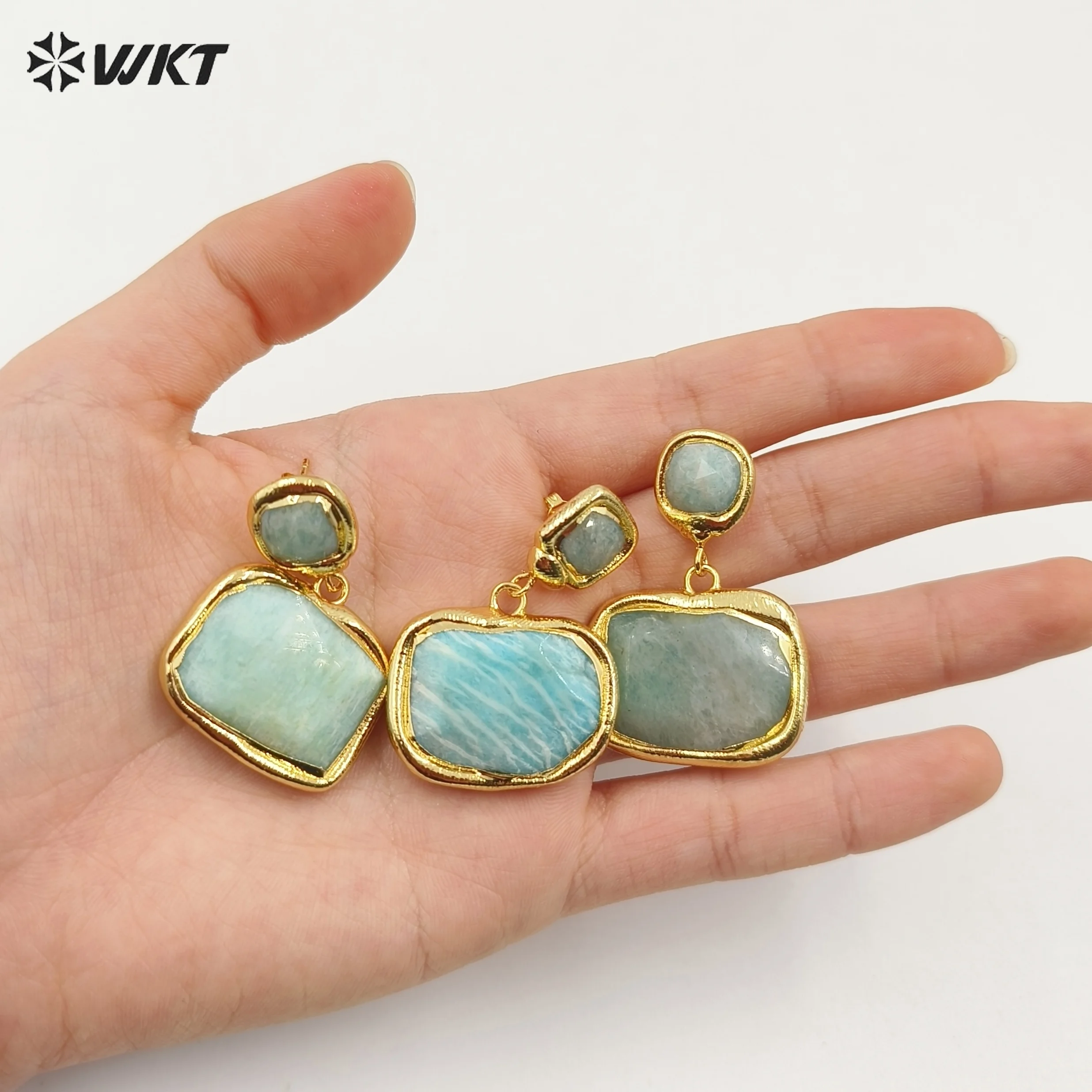 

WT-E753 New Classic Natural Amozonite Stone Randomly Colored With 18k Gold Plating Square Shape Earring For Women Decorated