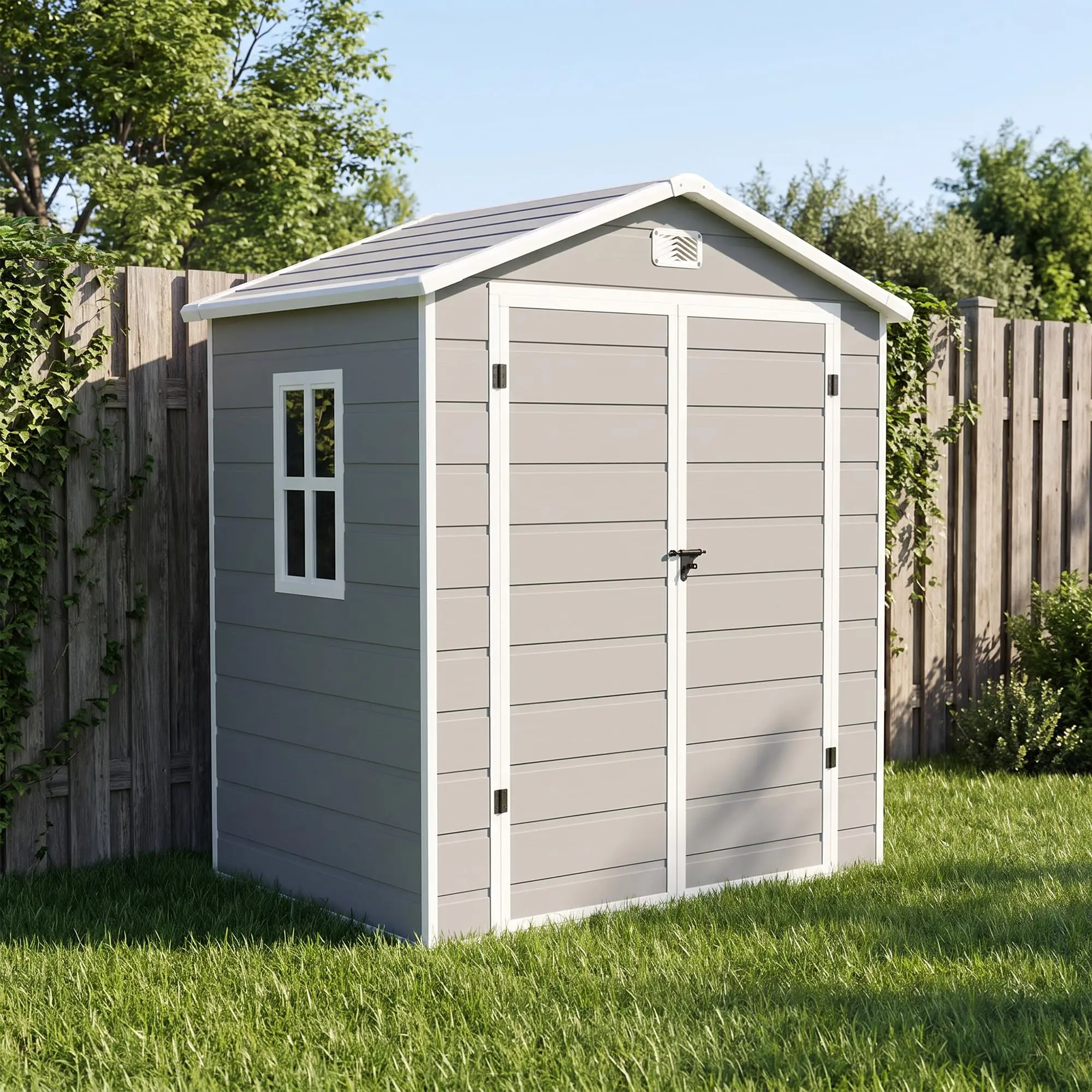 6x4.4 FT Resin Outdoor Storage Shed With Floor Lockable Door Window Weatherproof Garden Tool House For Backyard Patio Lawn Bikes