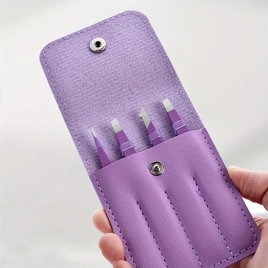A Set of 4 Stainless Steel Tweezers | Purple Makeup Tools Suitable for Eyelash Transplantation, Eyebrow Shaping, Hair Removal