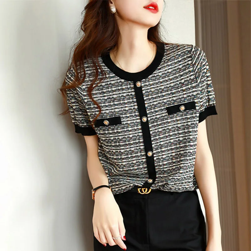 

Retro Faionable Loose Fit Ice Silk Knitted ort Sve T-irt Women's Summer Sle Comfortable Breathable Cheered Top