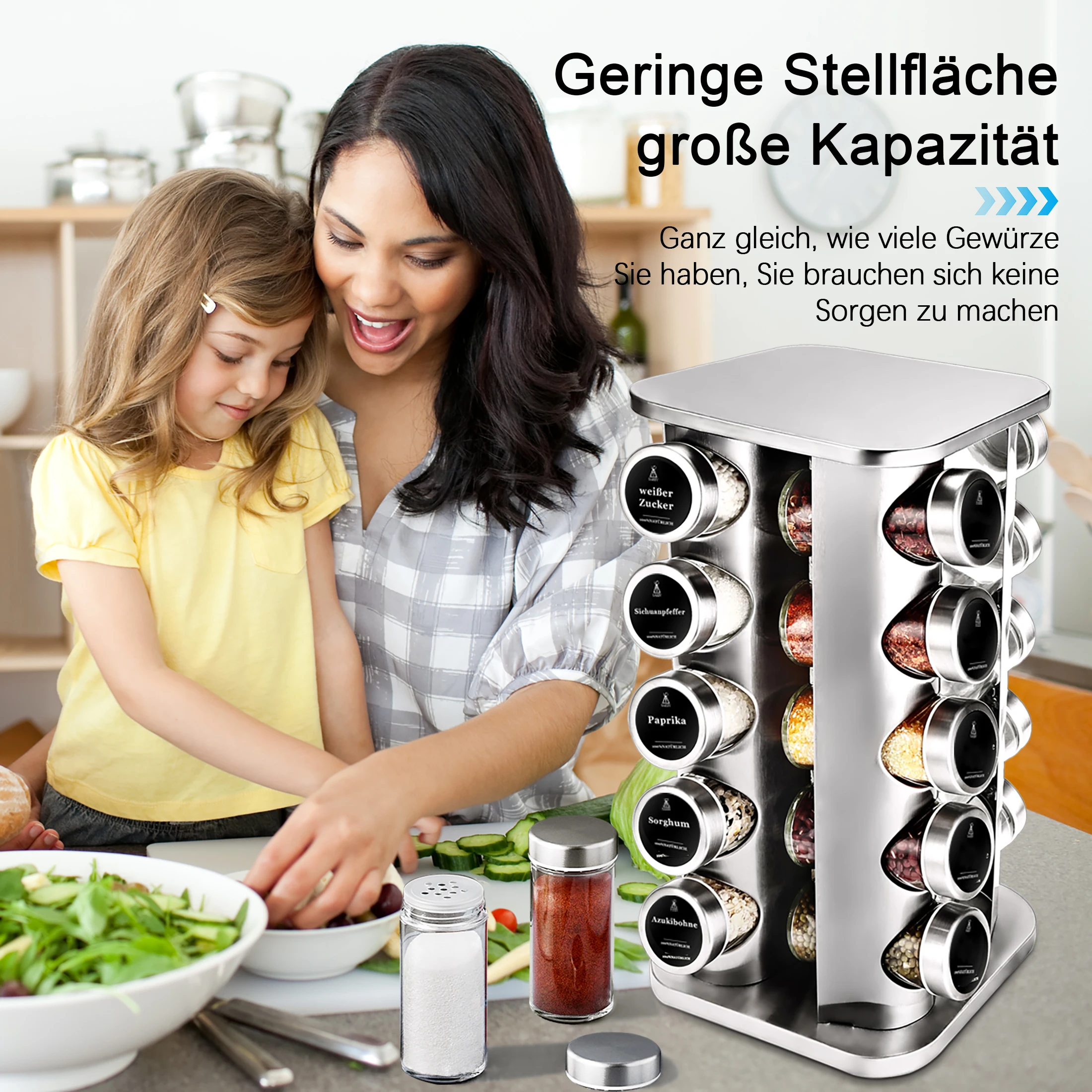 SAEIV Drehbares Edelstahl Gewürzregal mit 20 Glas-Gewürzdosen – 360° Gewürzständer inkl. Beschriftungsaufklebern, Marker & Reinigungsbürste – Moderner Platzsparender Gewürzorganizer für Küche – Detail 9
