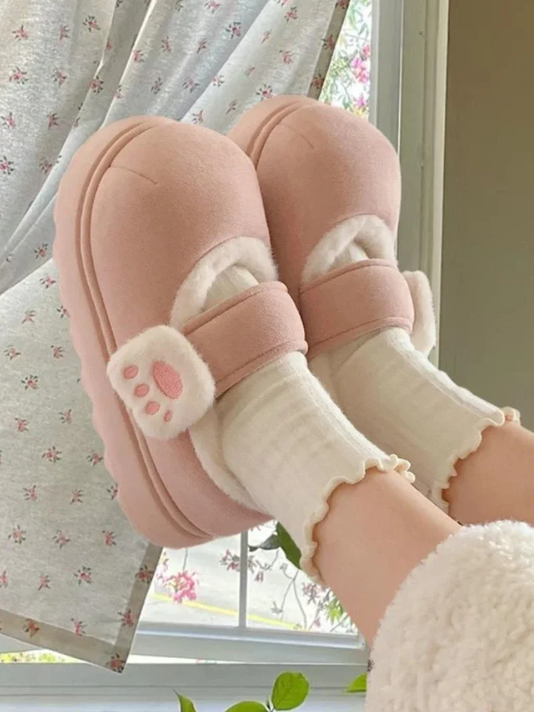 Winter Cute Cat Claw Velcro Wear Shoes Women Chic Non-slip Sweet Solid Warm Cotton Shoes Female Thick Soled Round Toe Bean Shoes