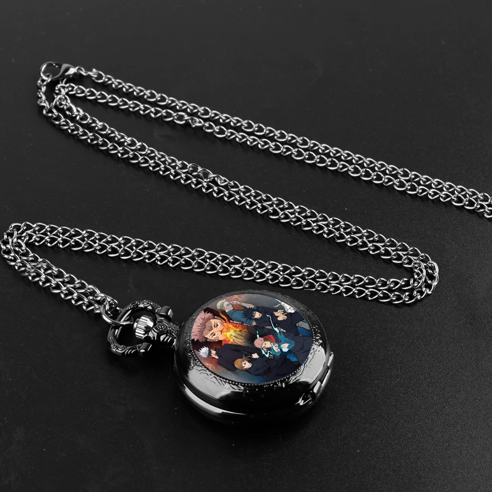 Japanese Anime Jujutsu Kaisen Glass Dome Design Arabic Numerals Quartz Pocket Watch Necklace Pendant Clock Chain Men Women Gifts