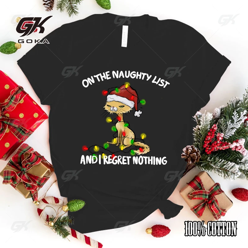 Hot Christmas Cat On The Naughty List And I Regret Nothing Graphic  Short Sleeve Casual Tops Tees